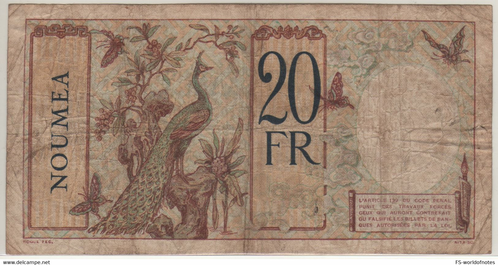 NEW CALEDONIA  20 Francs  "NOUMEA"   P37b  (ND 1928-38  Woman + Butterflies & Peacock At Back) - Nouméa (New Caledonia 1873-1985)