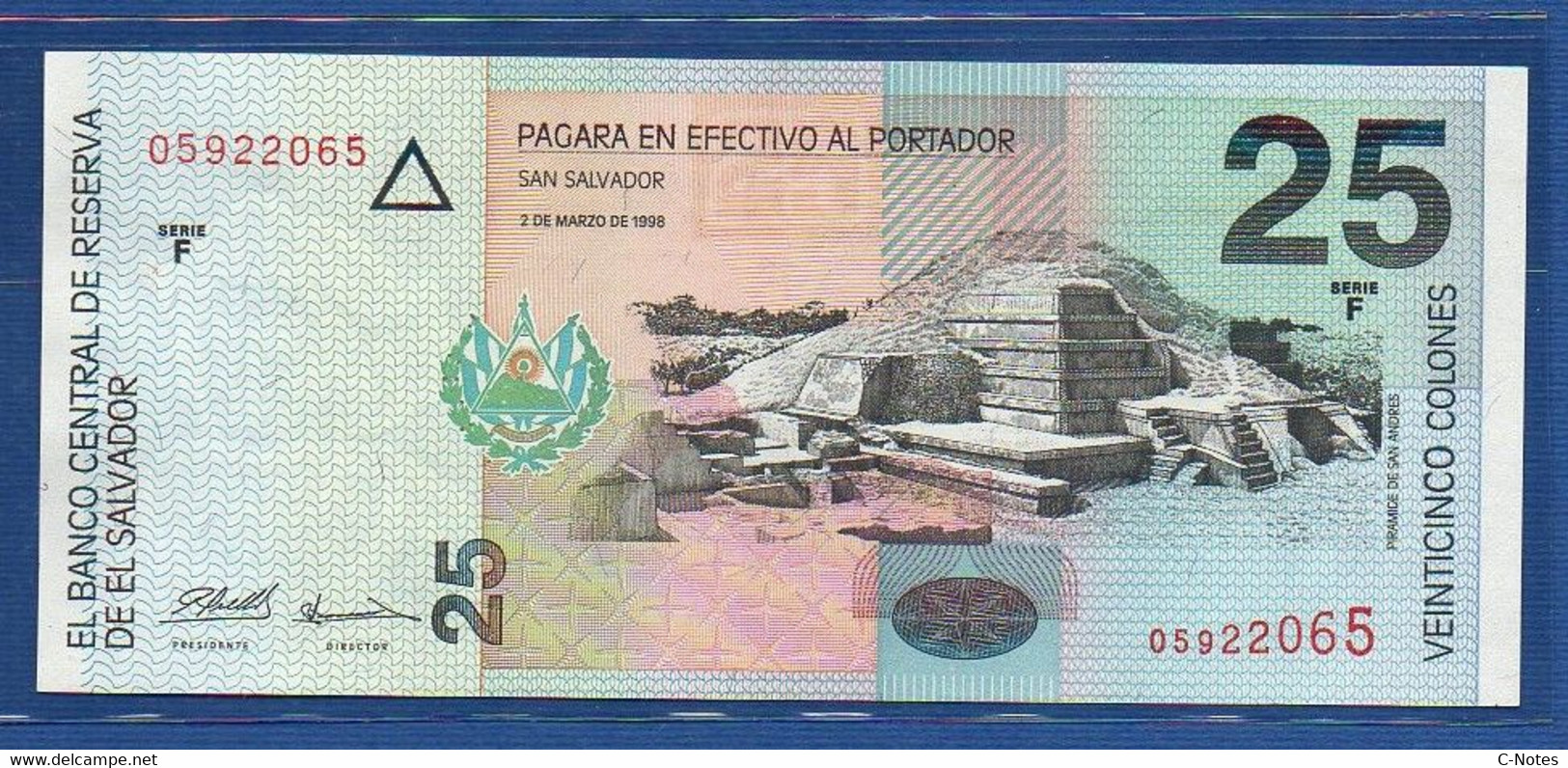 EL SALVADOR  - P.149b – 25 Colones 1998 UNC, Series F 05922065 - El Salvador