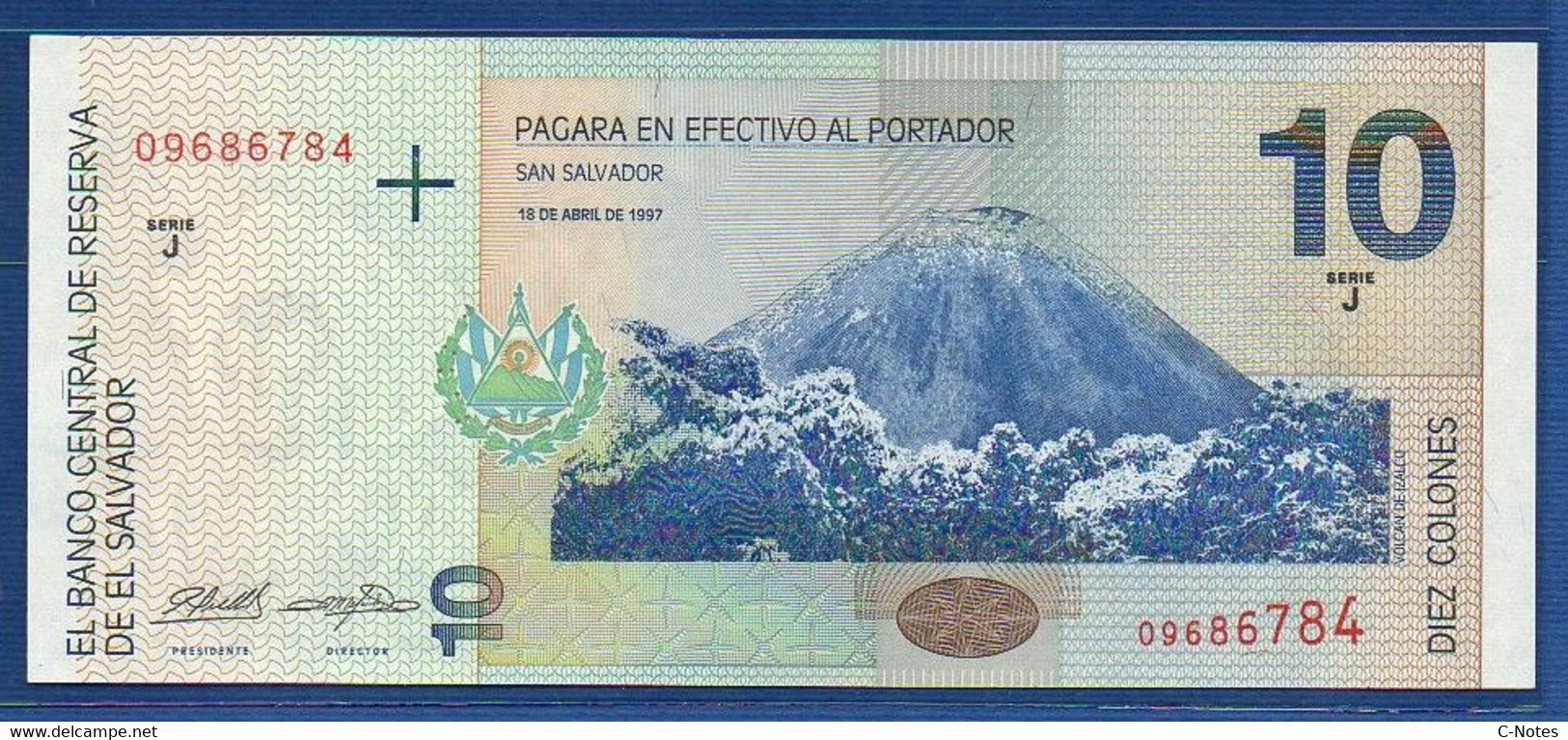 EL SALVADOR  - P.148a2 – 10 Colones 1997 UNC, Series J 09686784 - Salvador