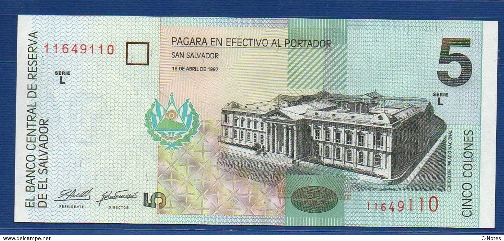 EL SALVADOR  - P.147a – 5 Colones 1997 UNC, Series L 11649110 - Salvador