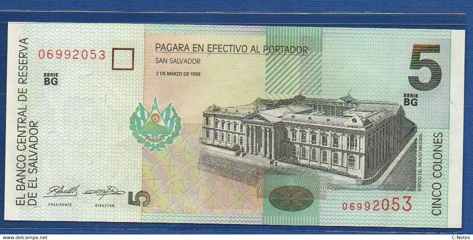 EL SALVADOR  - P.147b2 – 5 Colones 1998 UNC, Series BG 06992053 - Salvador