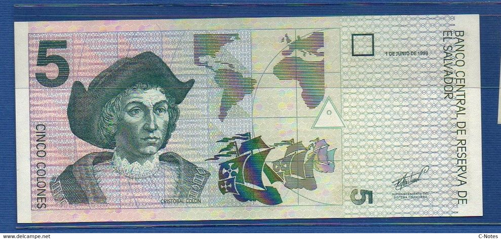 EL SALVADOR  - P.147b2 – 5 Colones 1998 UNC, Series BG 06992053 - El Salvador