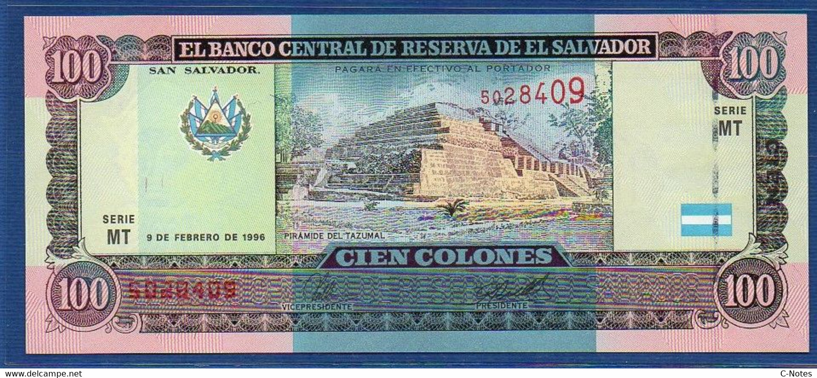 EL SALVADOR  - P.146 – 100 Colones 1996 UNC, Series MT 5028409 Printer Canadian Banknote Company - El Salvador