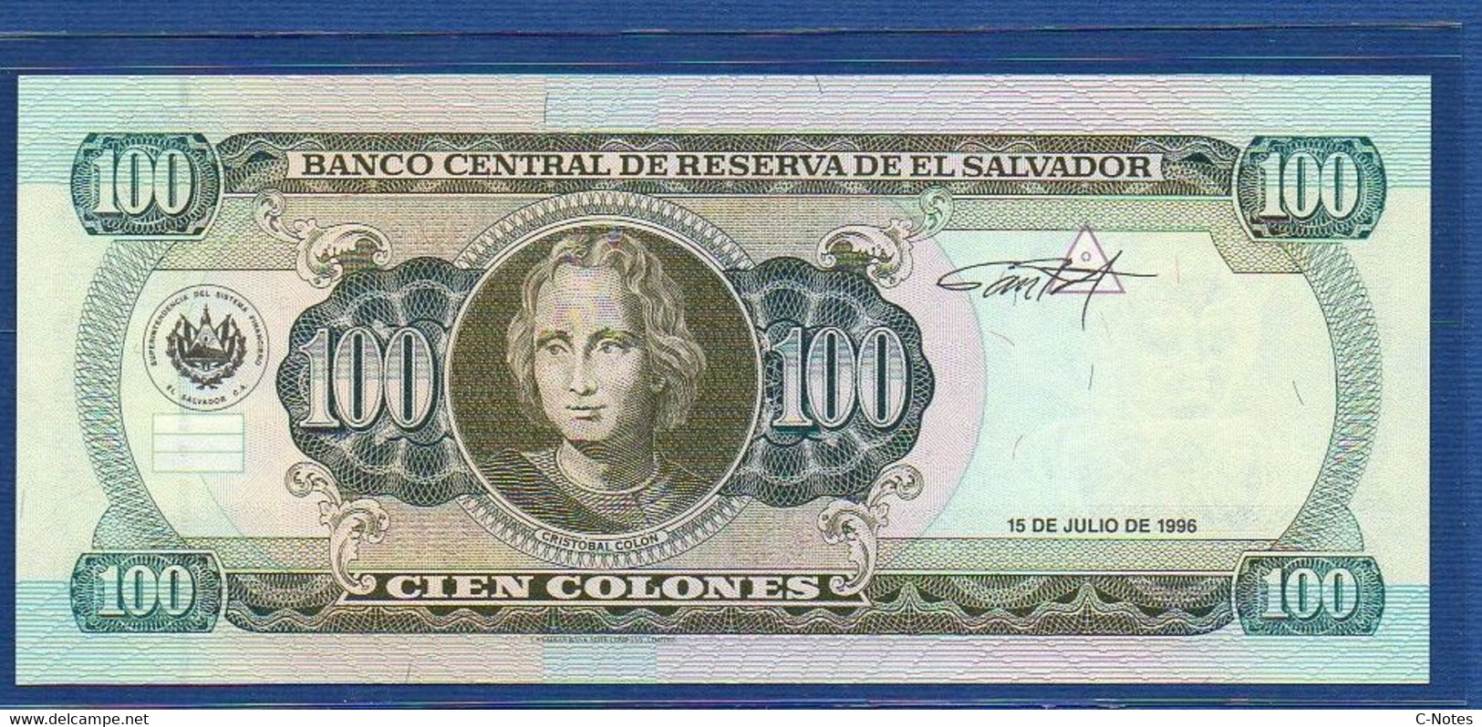 EL SALVADOR  - P.146 – 100 Colones 1996 UNC, Series MT 5028409 Printer Canadian Banknote Company - El Salvador