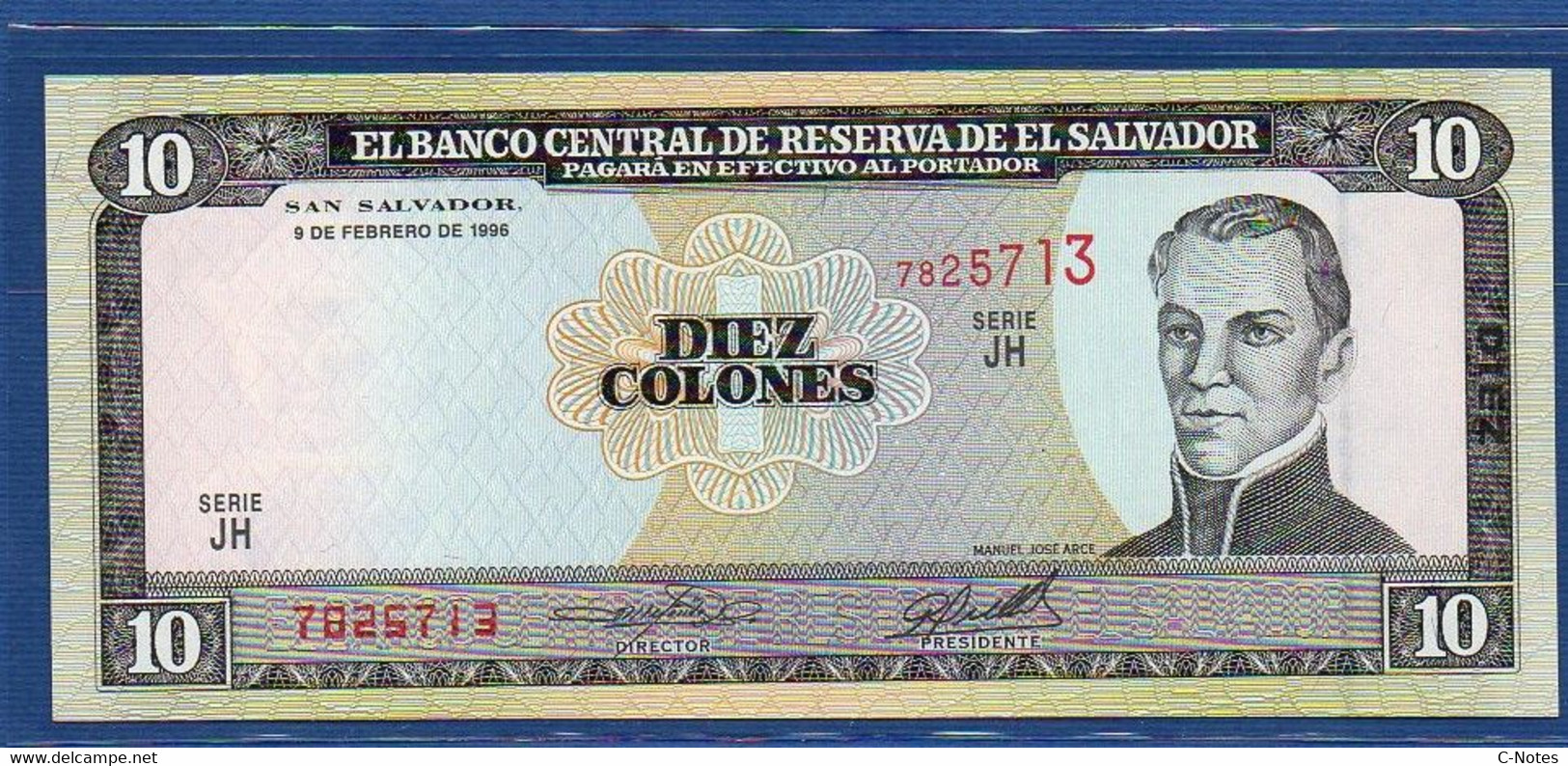 EL SALVADOR  - P.144 – 10 Colones 1996 UNC, Series JH 7825713 Printer Canadian Banknote Company - El Salvador