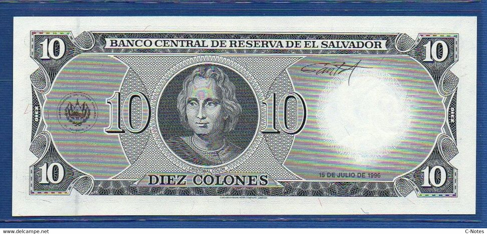 EL SALVADOR  - P.144 – 10 Colones 1996 UNC, Series JH 7825713 Printer Canadian Banknote Company - Salvador