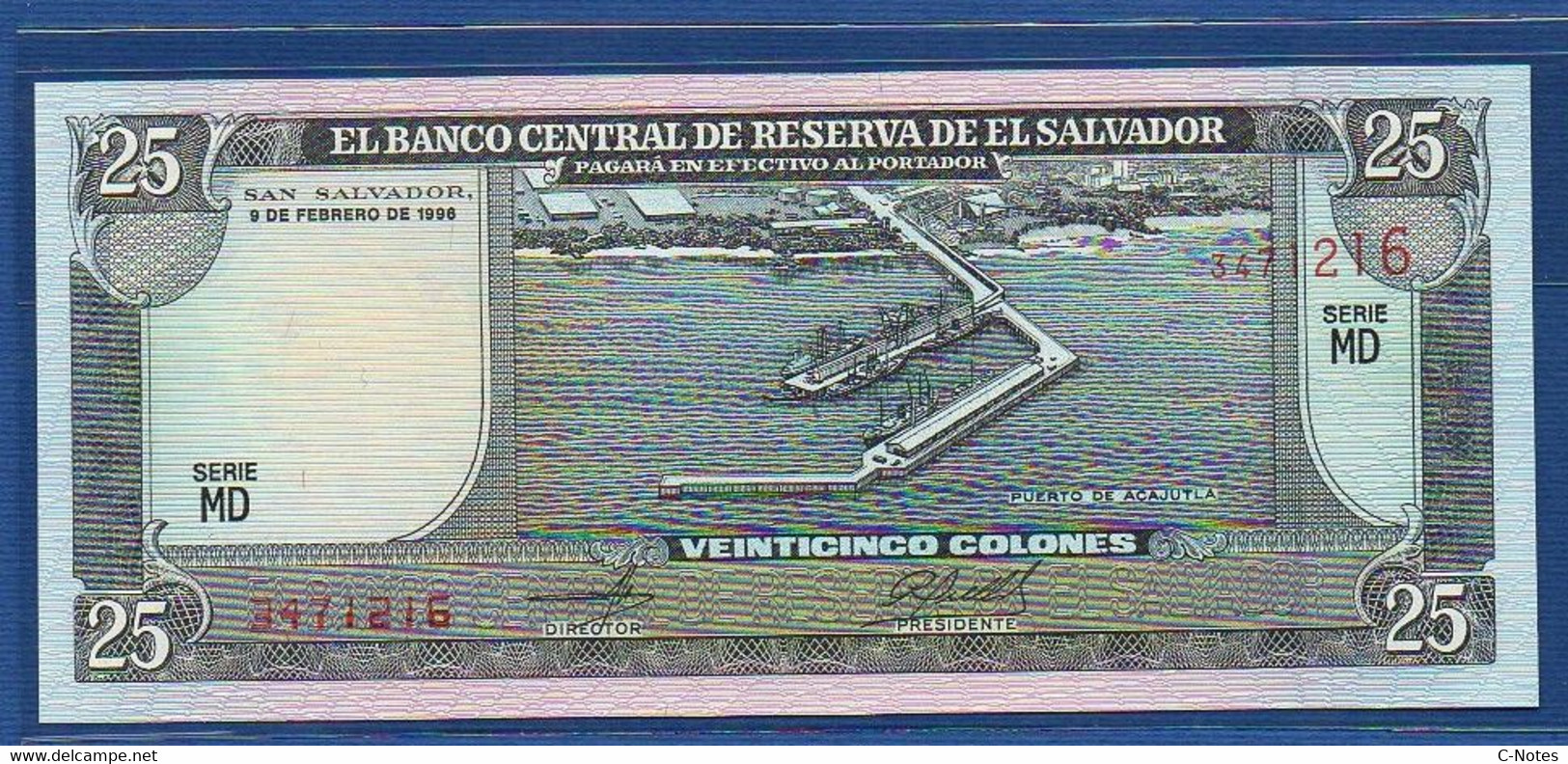 EL SALVADOR  - P.142 – 25 Colones 1996 UNC, Series MD 3471216 - Salvador