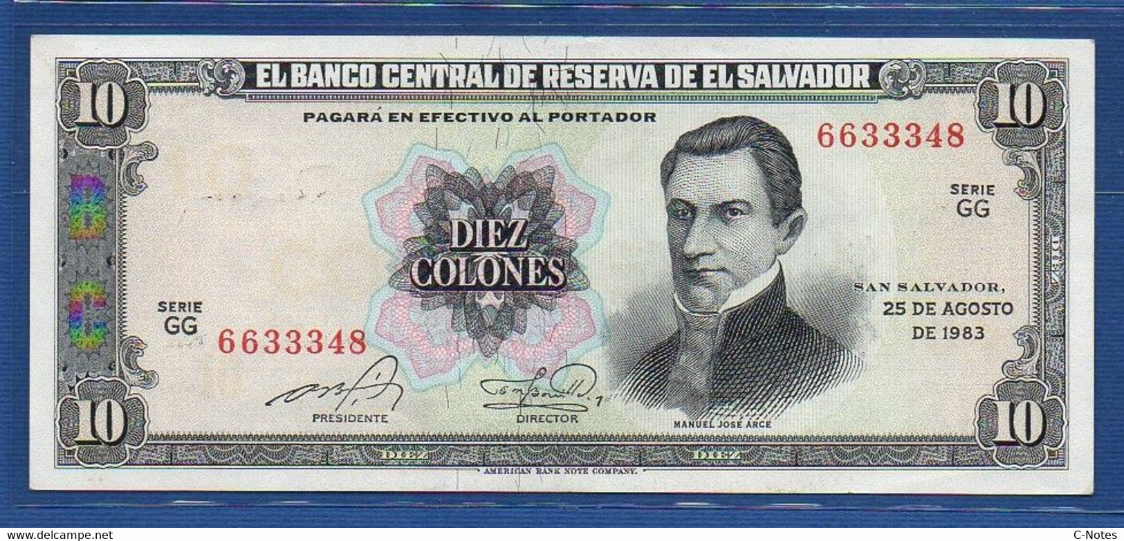 EL SALVADOR  - P.135a – 10 Colones 1983 UNC-, Series GG 6633348 - El Salvador