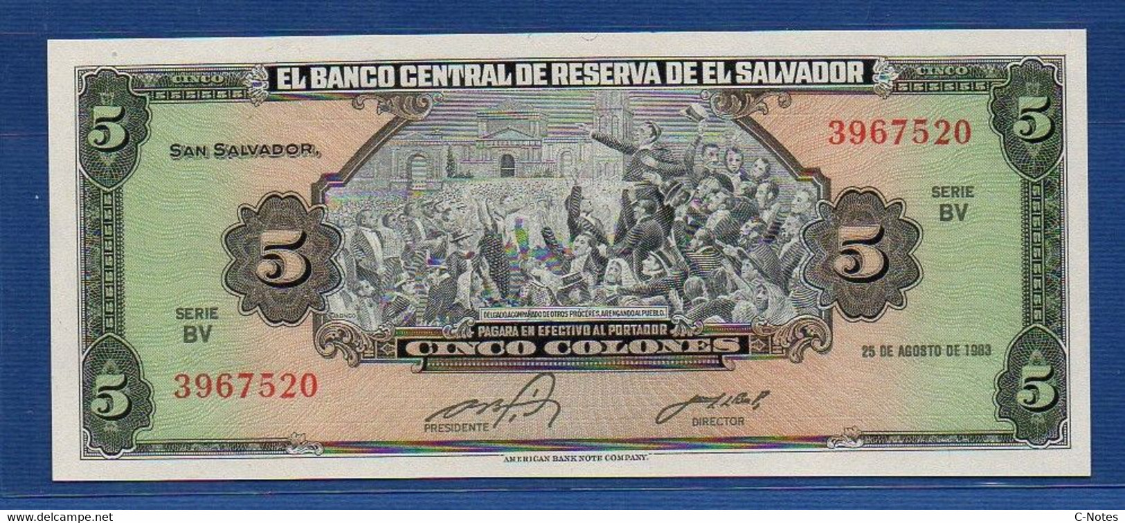 EL SALVADOR  - P.134a – 5 Colones 1983 UNC, Series BV 3967520 - El Salvador