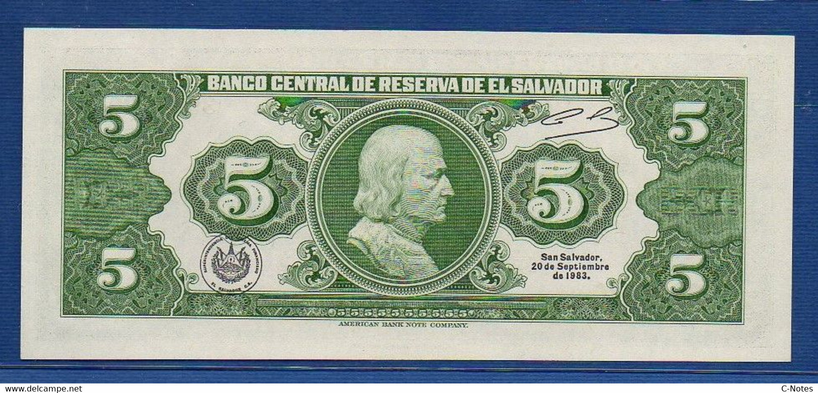 EL SALVADOR  - P.134a – 5 Colones 1983 UNC, Series BV 3967520 - Salvador