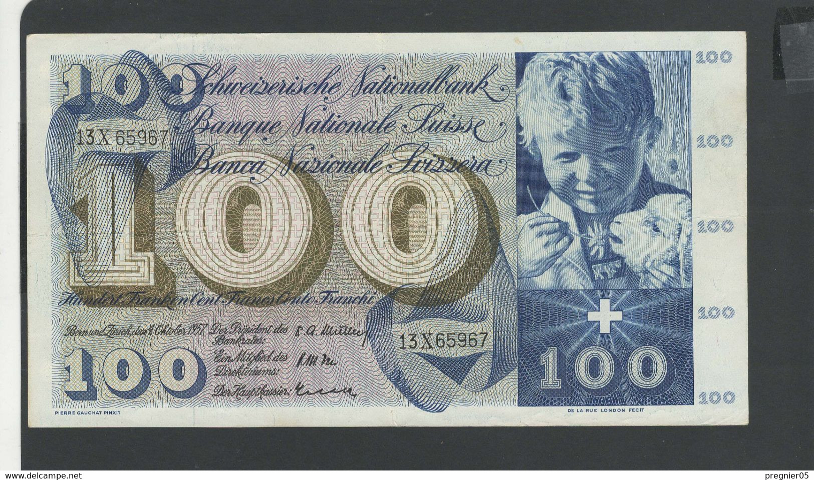 SUISSE - Billet 100 Francs 1957 SUP/XF Pick-49b N° 65967 - Suisse