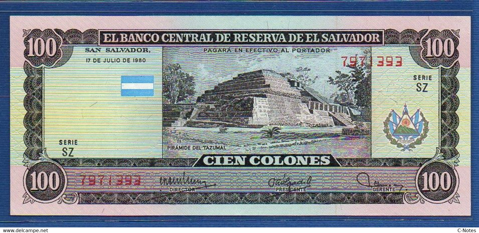 EL SALVADOR  - P.133 (2) – 100 Colones 1980 XF+/AU, Series SZ 7971393 - El Salvador