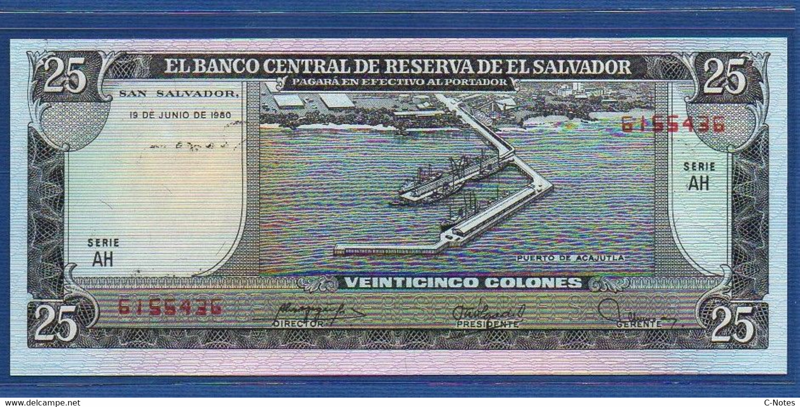 EL SALVADOR  - P.130b – 25 Colones 1980 UNC, Series AH 6155436 - El Salvador