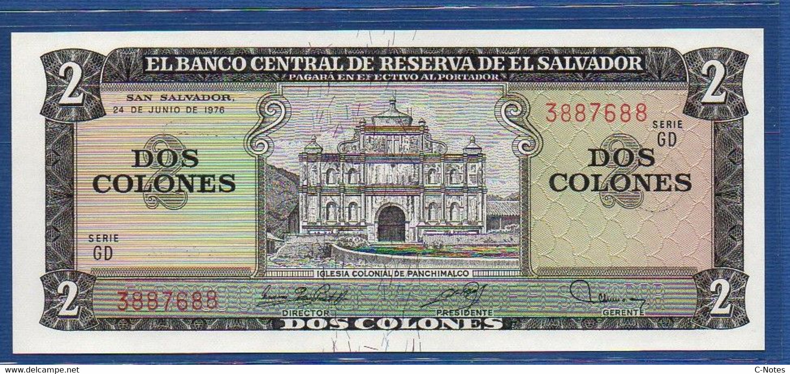 EL SALVADOR  - P.124 – 2 Colones 1976 UNC, Series GD 3887688 - El Salvador