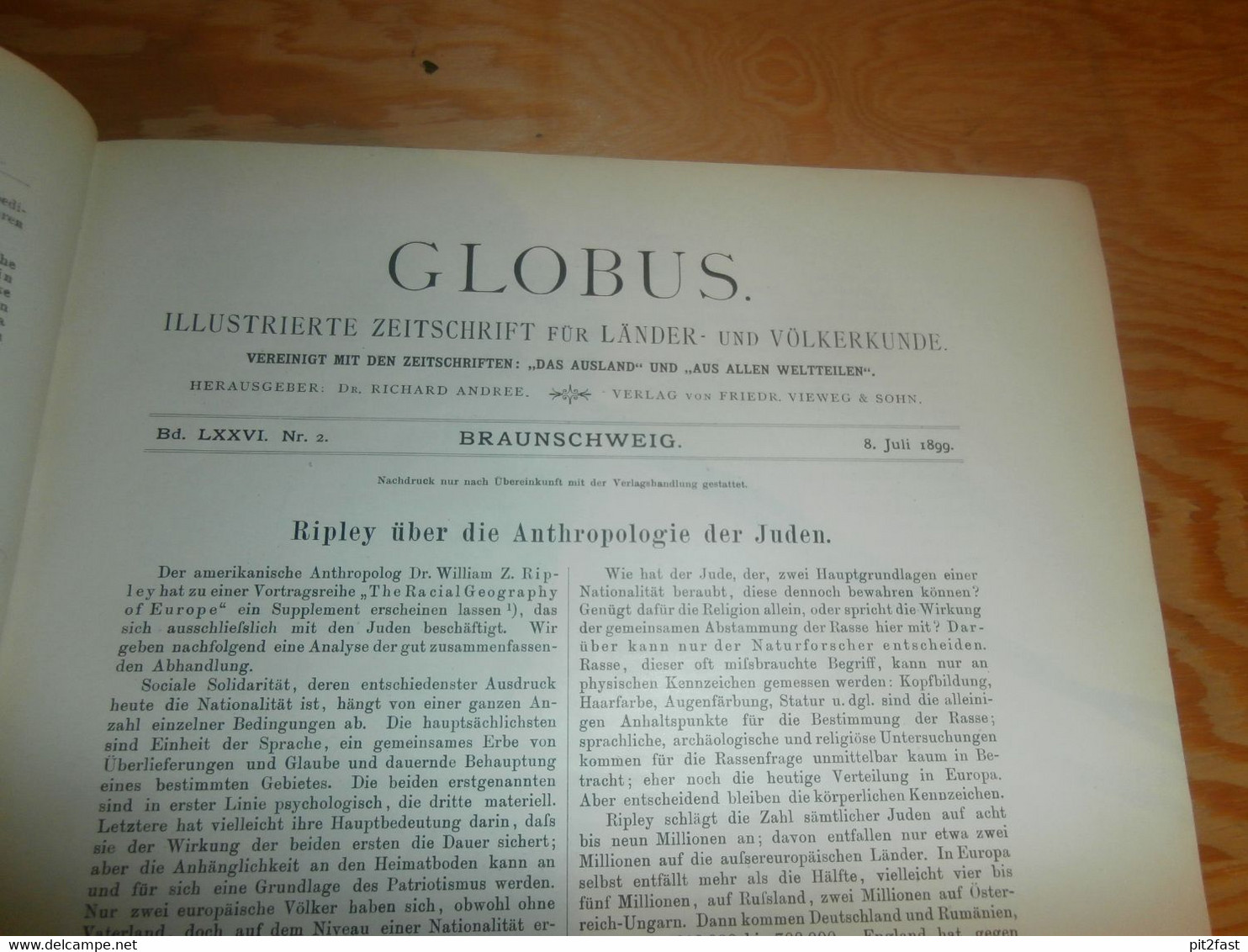 Völkerkunde Juli-Dezember 1899, gebundene GLOBUS Zeitschriften , Expedition , Kolonie , Reise , Berichte , Etnologie  !!