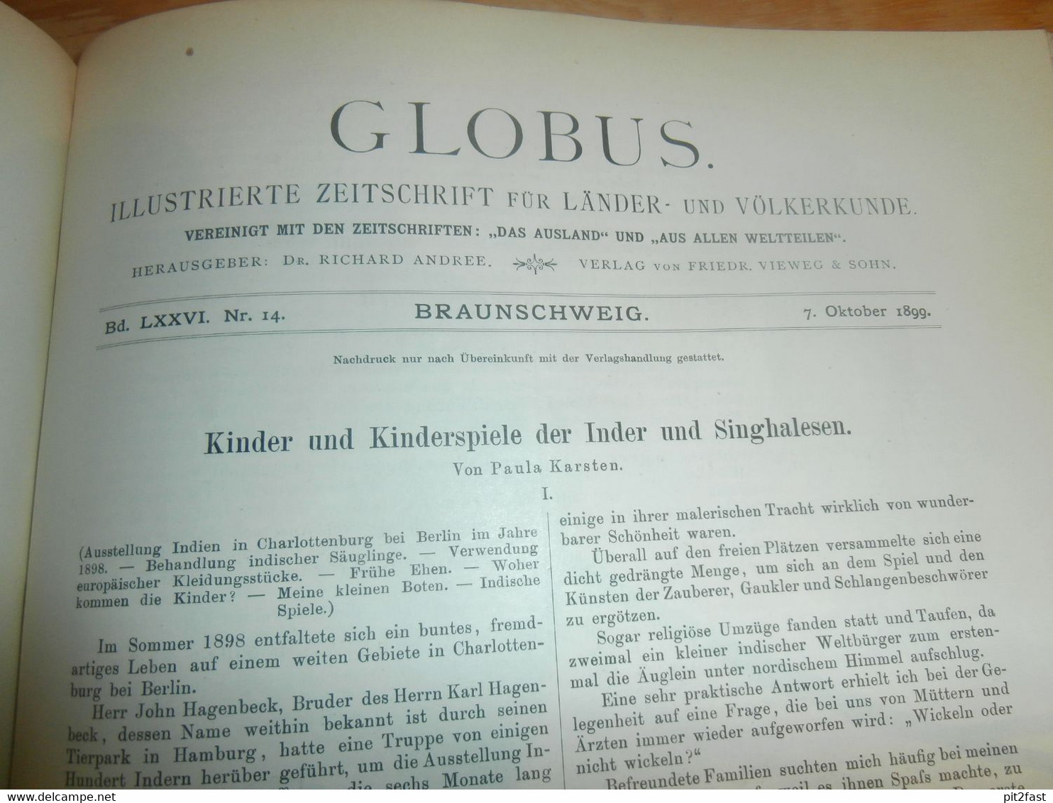 Völkerkunde Juli-Dezember 1899, gebundene GLOBUS Zeitschriften , Expedition , Kolonie , Reise , Berichte , Etnologie  !!