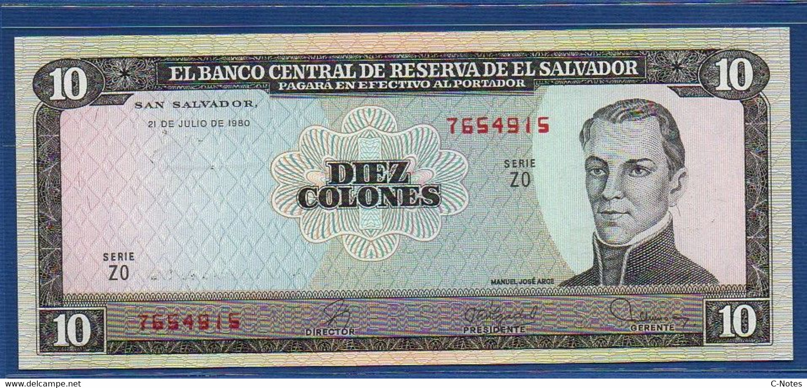 EL SALVADOR  - P.129b1 – 10 Colones 1980 UNC, Series ZO 7654915 - El Salvador