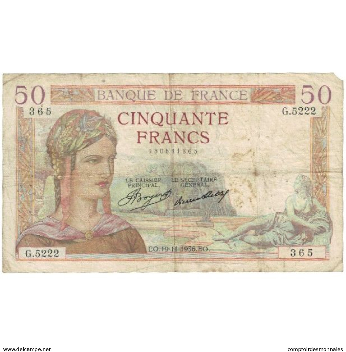 France, 50 Francs, Cérès, 1936, G.5222, B, Fayette:17.5, KM:81 - 50 F 1934-1940 ''Cérès''