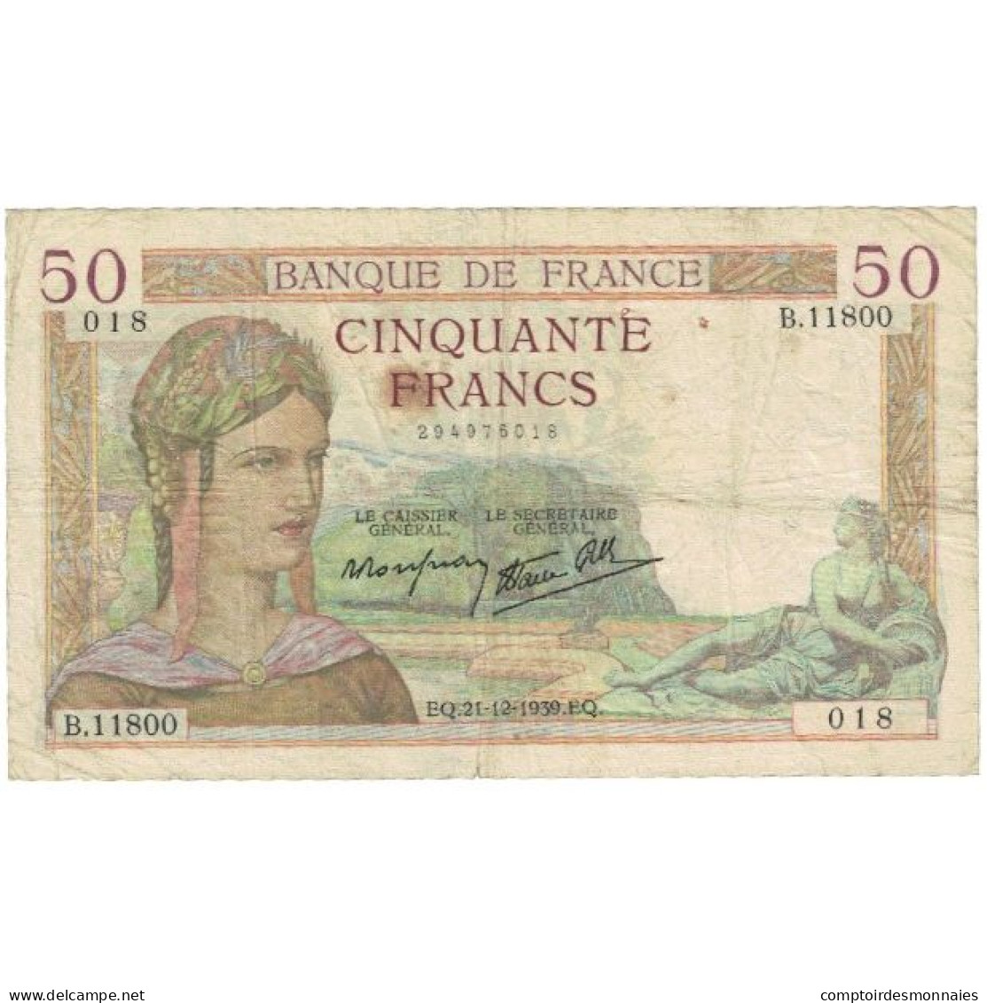 France, 50 Francs, Cérès, 1939, B.11800 018, TB, Fayette:18.36, KM:85b - 50 F 1934-1940 ''Cérès''