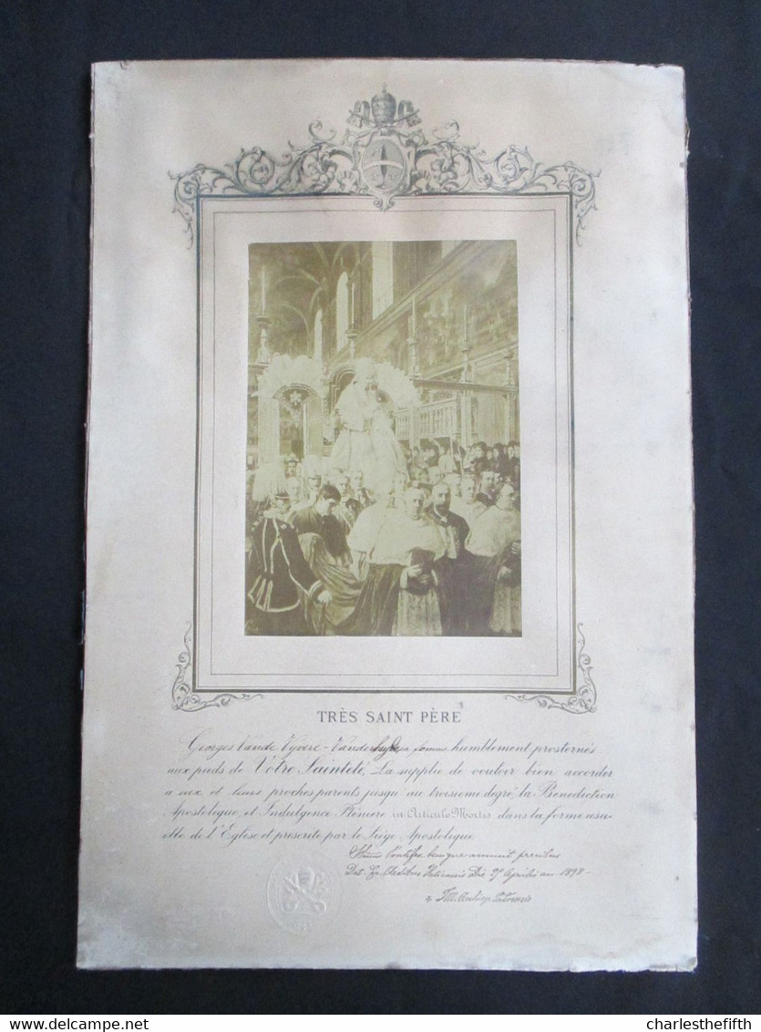 RARE BENEDICTION APOSTOLIQUE PAPE LEO XIII Année 1885 - PHOTO ALBUMINE SIGNEE - TAMPON SEC DU PAPE - à VANDE VYVERE - Ancianas (antes De 1900)