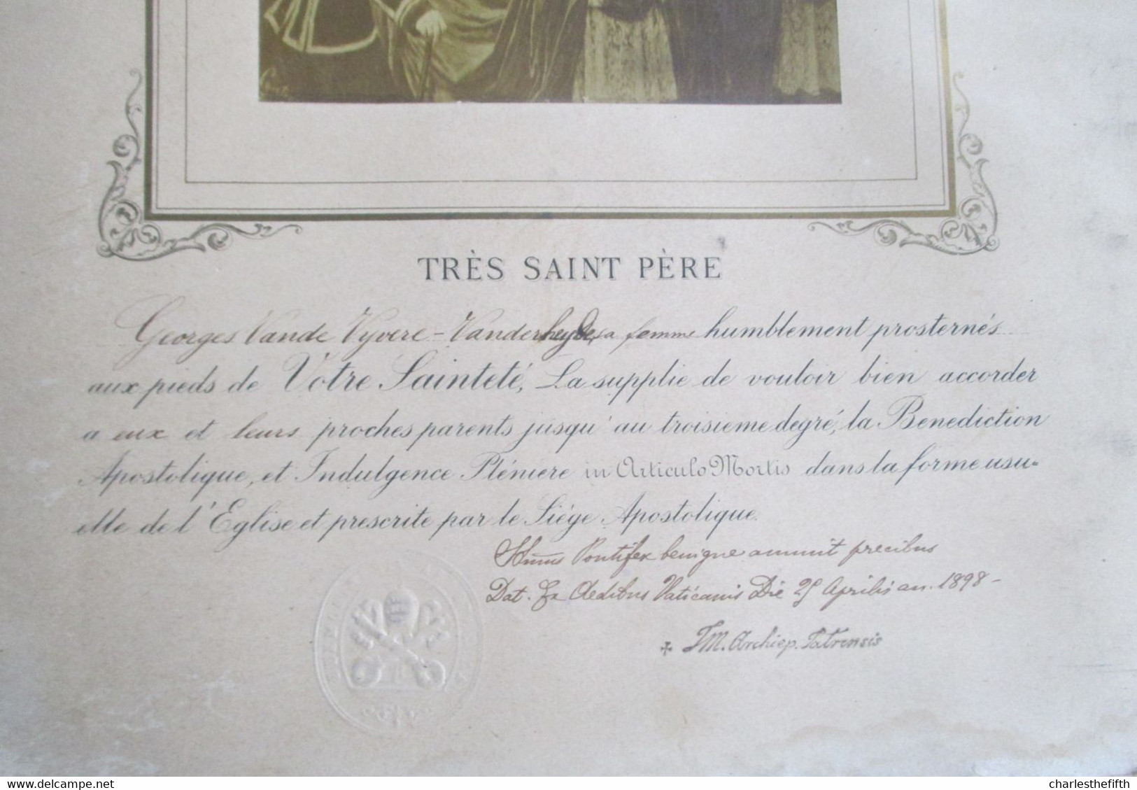 RARE BENEDICTION APOSTOLIQUE PAPE LEO XIII Année 1885 - PHOTO ALBUMINE SIGNEE - TAMPON SEC DU PAPE - à VANDE VYVERE - Oud (voor 1900)