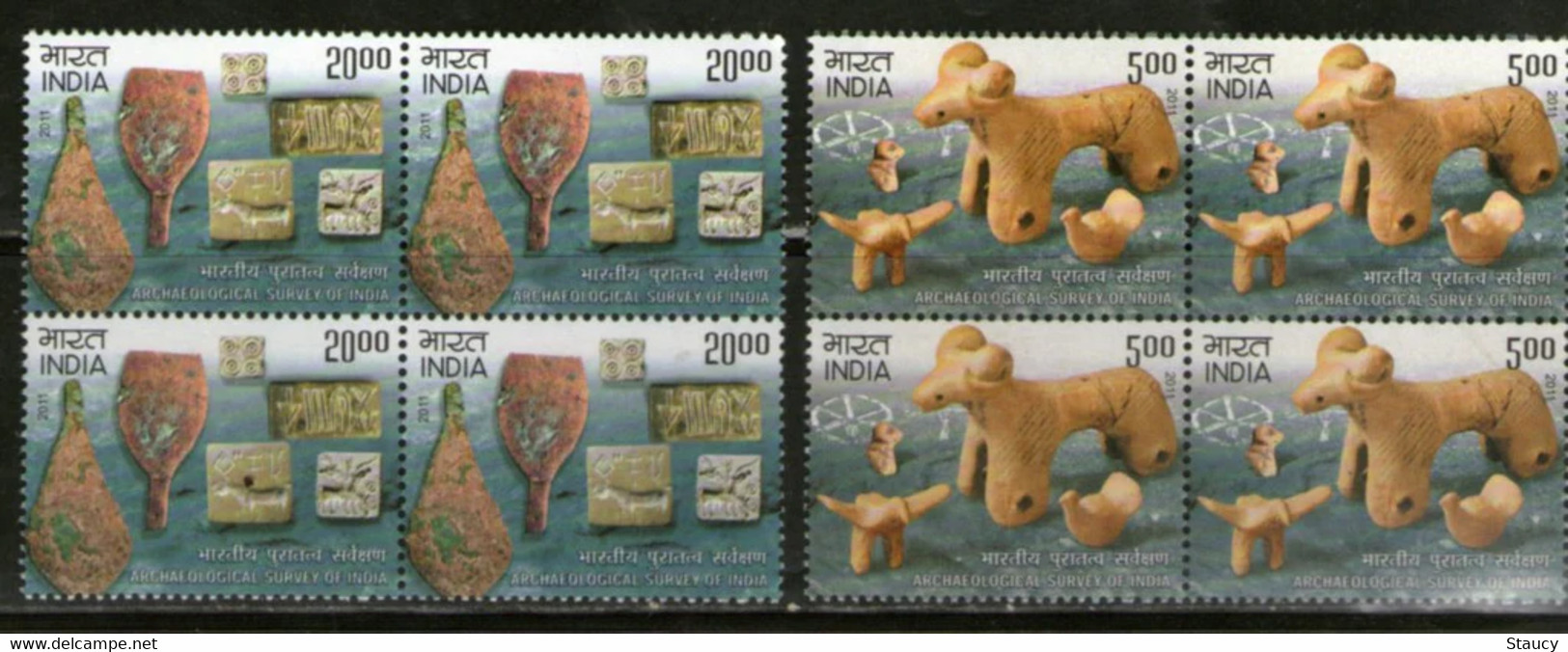 India 2011 Archaeological Survey Of India Stone Wood Carvings Stamps 2v SET In Block Of 4's MNH, P.O Fresh & Fine - Autres & Non Classés