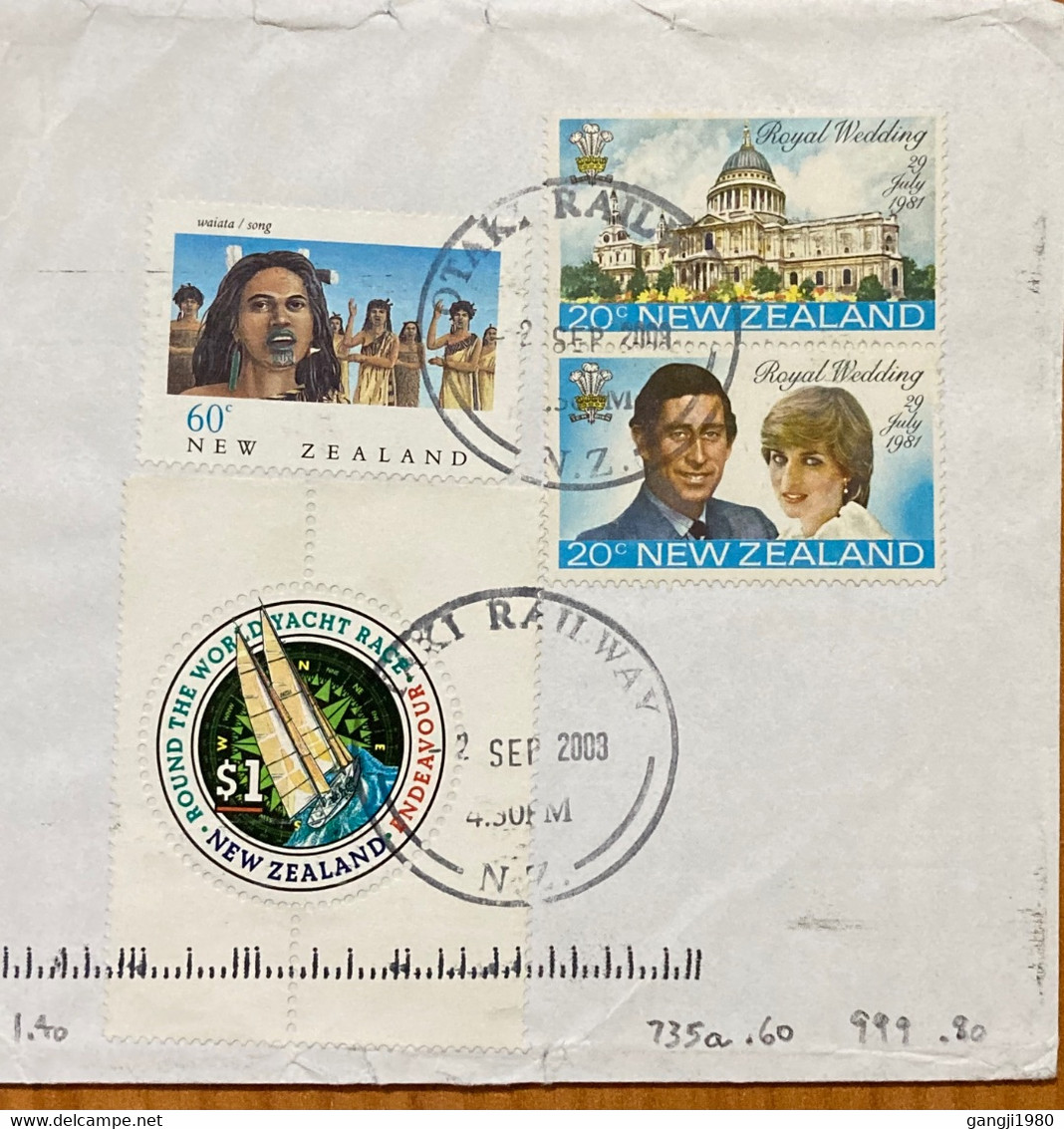 NEW ZEALAND 2003, COVER USED TO USA, ODD SHAPE YATCH RACE, 1981 ROYAL WEDDING, SONG, DANCE, OTAKI RAILWAY CITY CANCEL. - Brieven En Documenten