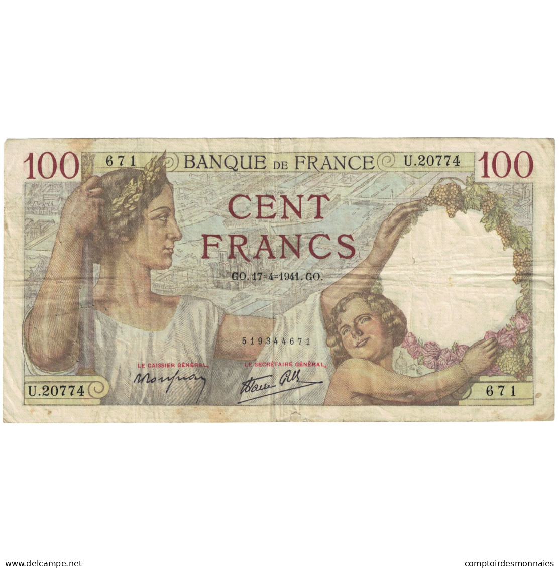 France, 100 Francs, Sully, 1941, U.20774, TB+, Fayette:26.50, KM:94 - 100 F 1939-1942 ''Sully''