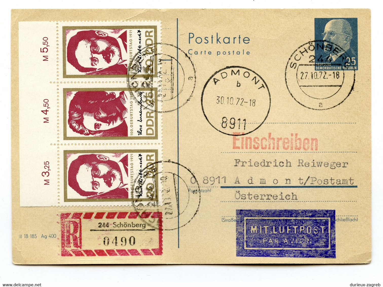 Germany DDR Postal Stationery Postcard Posted Registered Air Mail 1972 Schönberg To Admont - Uprated B230205 - Postcards - Used