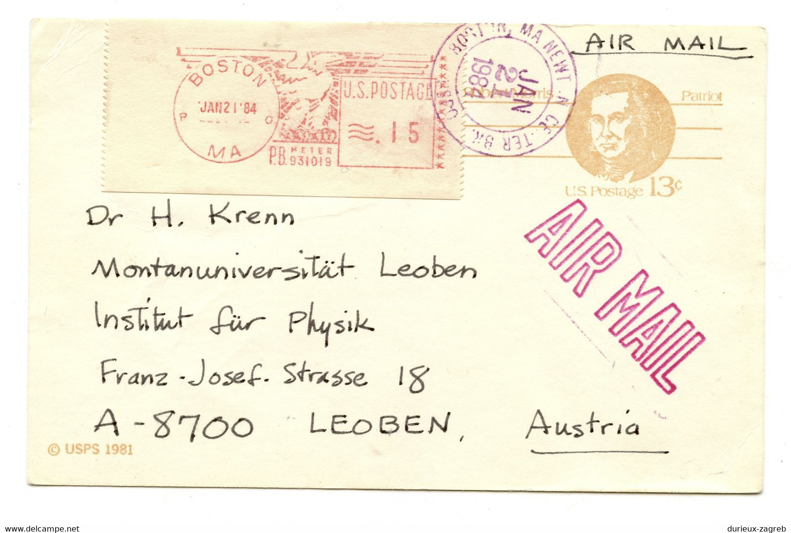 US Postal Stationery Postcard Posted 1984 To Austria - Uprated ATM B230205 - 1961-80