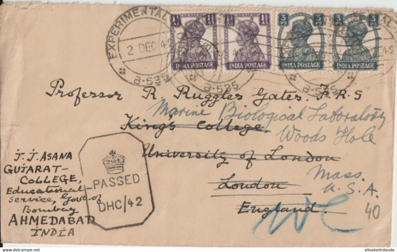 1942 - INDIA - CACHET "EXPERIMENTAL" ! ENVELOPPE Avec CENSURE De GUJARAT-COLLEGE BOMBAY => LONDON => WOODS HOLE (USA) - 1936-47  George VI