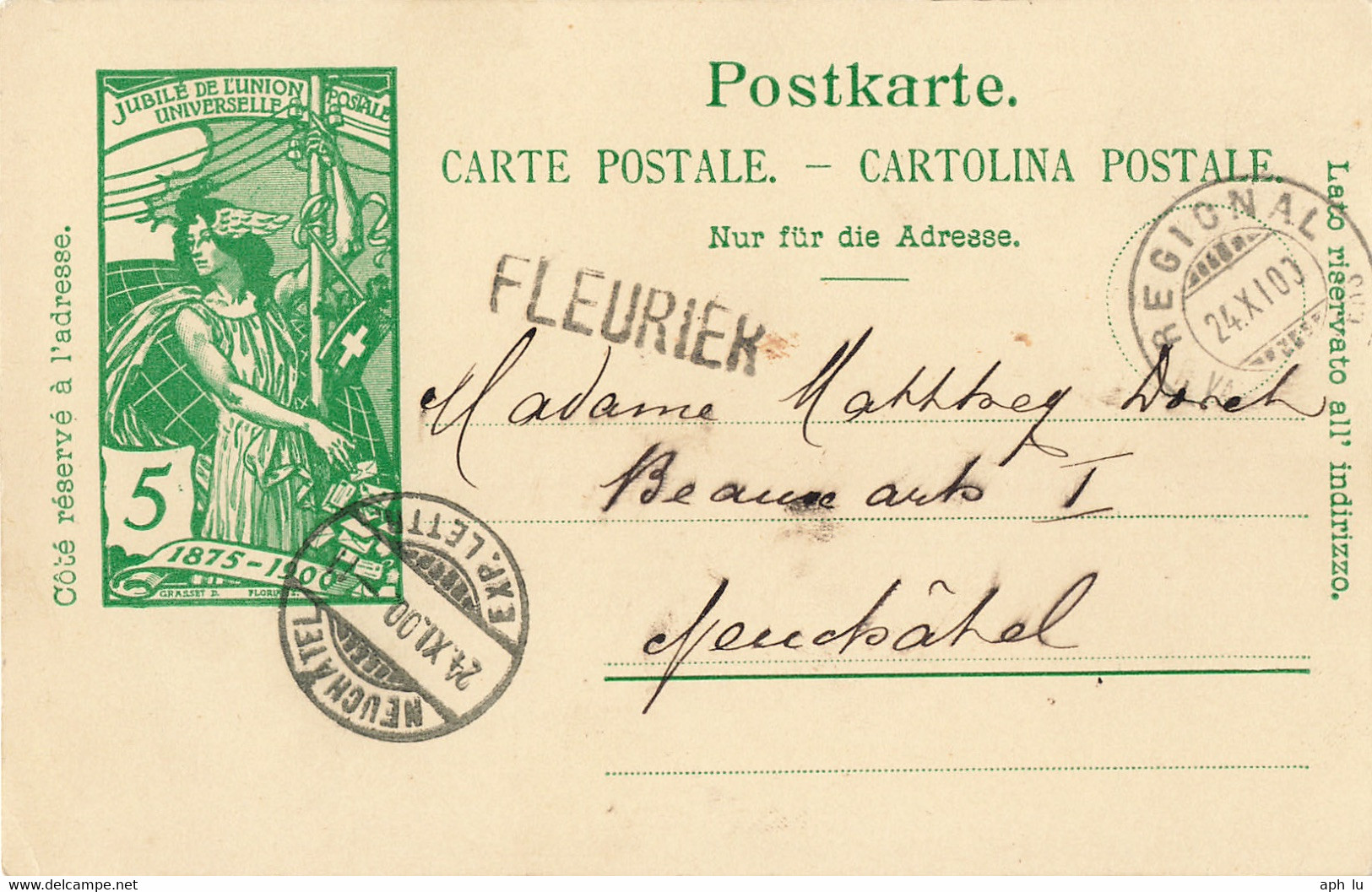 86B/77: Bahnpost: REGIONAL / VAL DE TRAVERS Mit Stabstempel "FLEURIER" Auf UPU-Karte (BP1138) - Railway