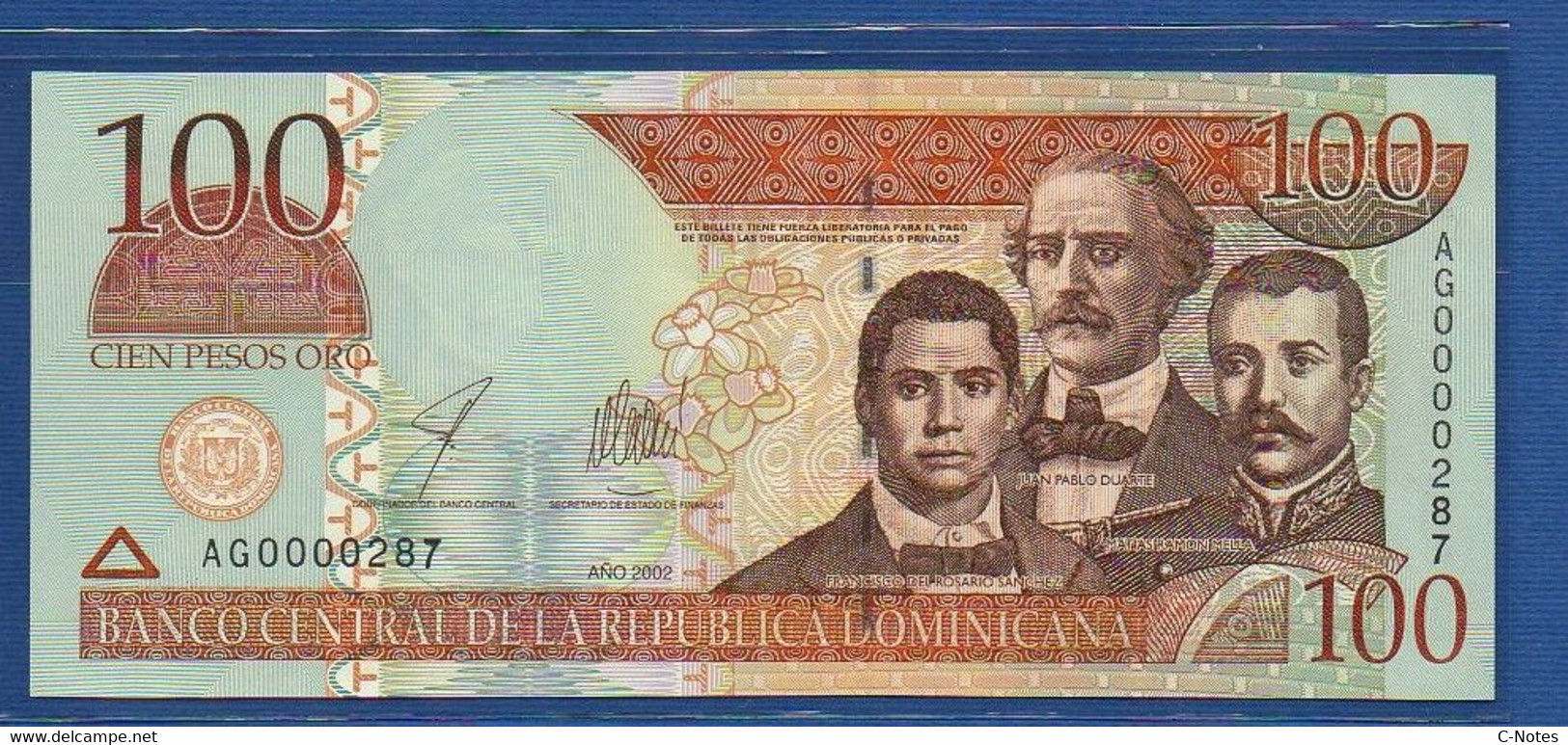 DOMINICAN REPUBLIC - P.175 – 100 Pesos Oro 2002 UNC, Serie AG 0000287 - Commemorative Issue - Low Serial Number - Repubblica Dominicana