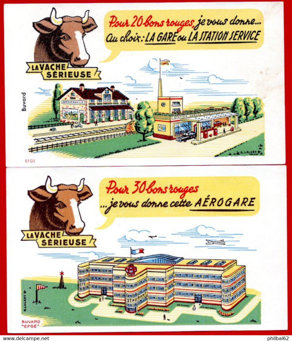 Lot De 7 Buvards Vache Sérieuse. Château, Moulin, église, Aérogare, Gare, Station-service, Usine Fromagerie. 3 Photos. - Collections, Lots & Séries