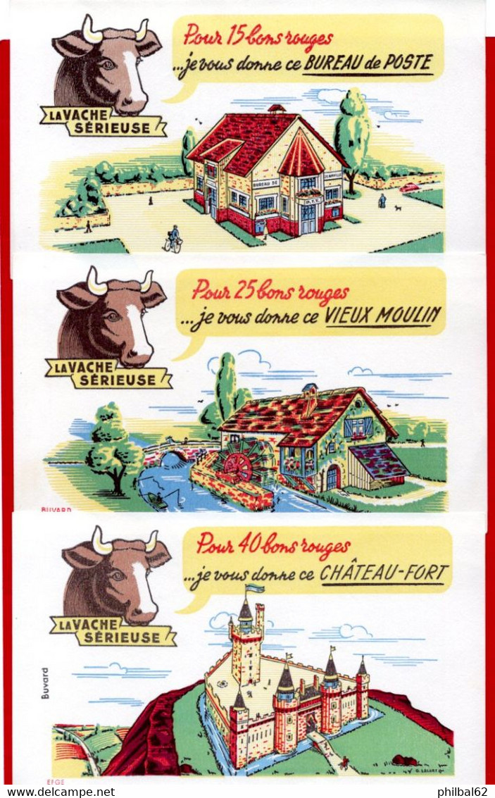 Lot De 7 Buvards Vache Sérieuse. Château, Moulin, église, Aérogare, Gare, Station-service, Usine Fromagerie. 3 Photos. - Colecciones & Series