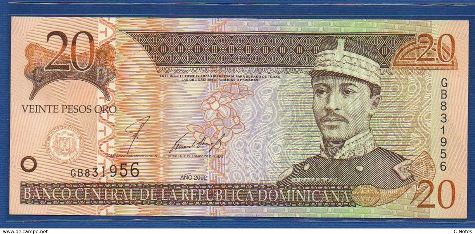 DOMINICAN REPUBLIC - P.169b – 20 Pesos Oro 2002 UNC, Serie GB 831956 - Dominicana