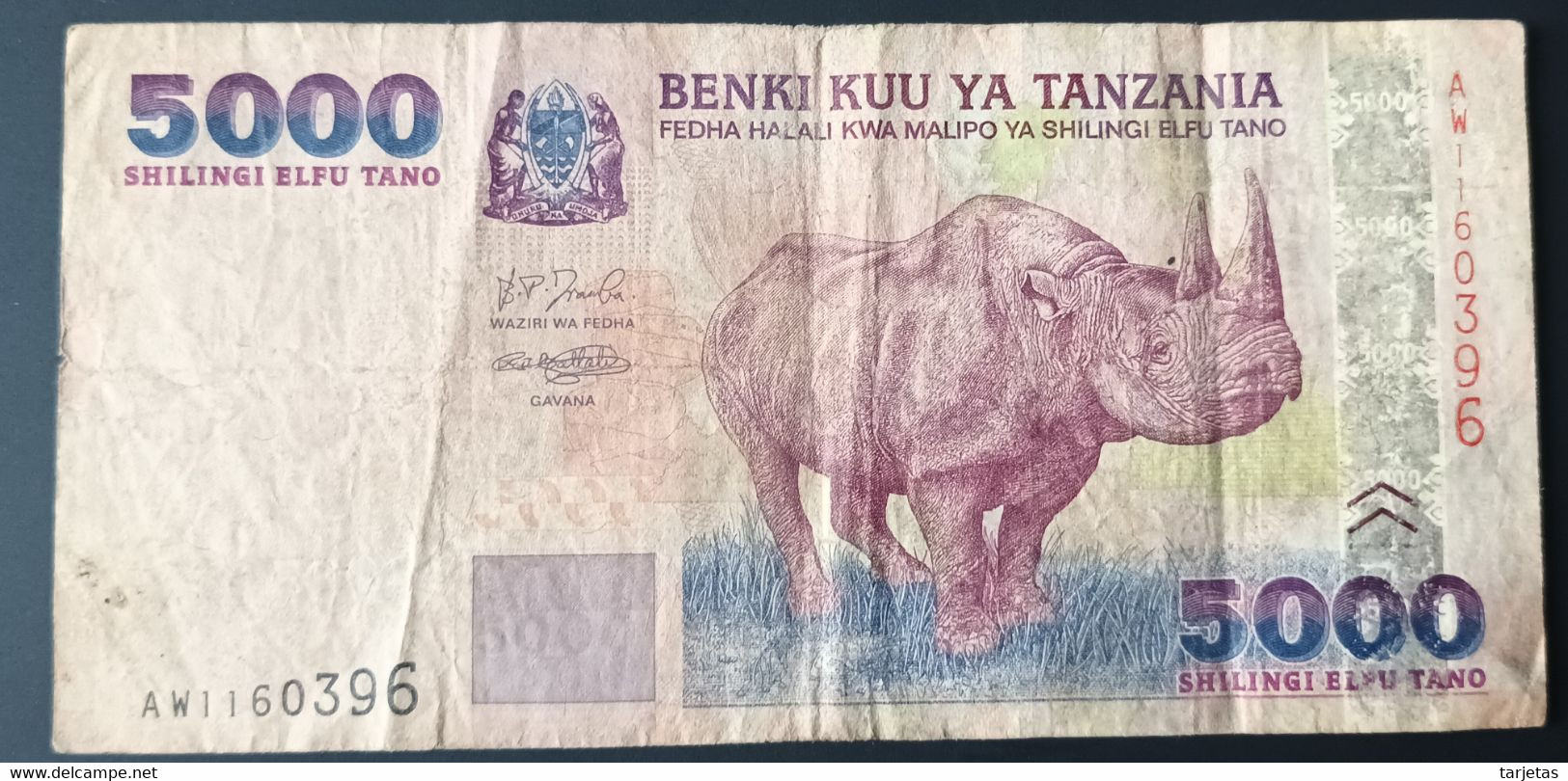 BILLETE DE TANZANIA DE 5000 SHILINGI DE UN RINOCERONTE DEL AÑO 2003 (BANKNOTE) RHINO - Tanzanie