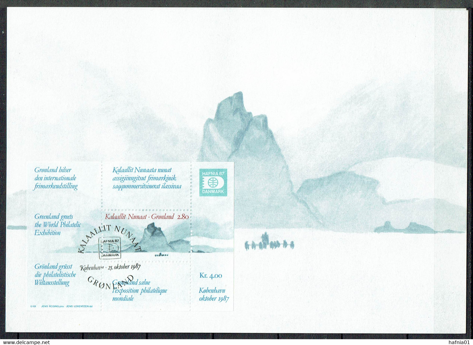 Greenland 1987. Int. Stampexhibition HAFNIA.  Bl.2. Card With Special Cancel. - Cartas Máxima