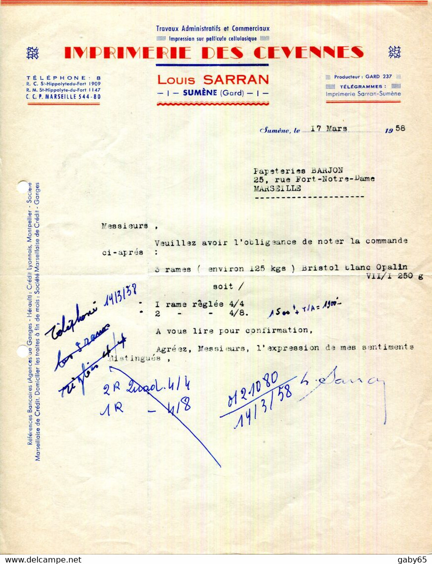 FACTURE.30.GARD.SUMENE.IMPRIMERIE DES CEVENNES.LOUIS SARRAN. - Druck & Papierwaren