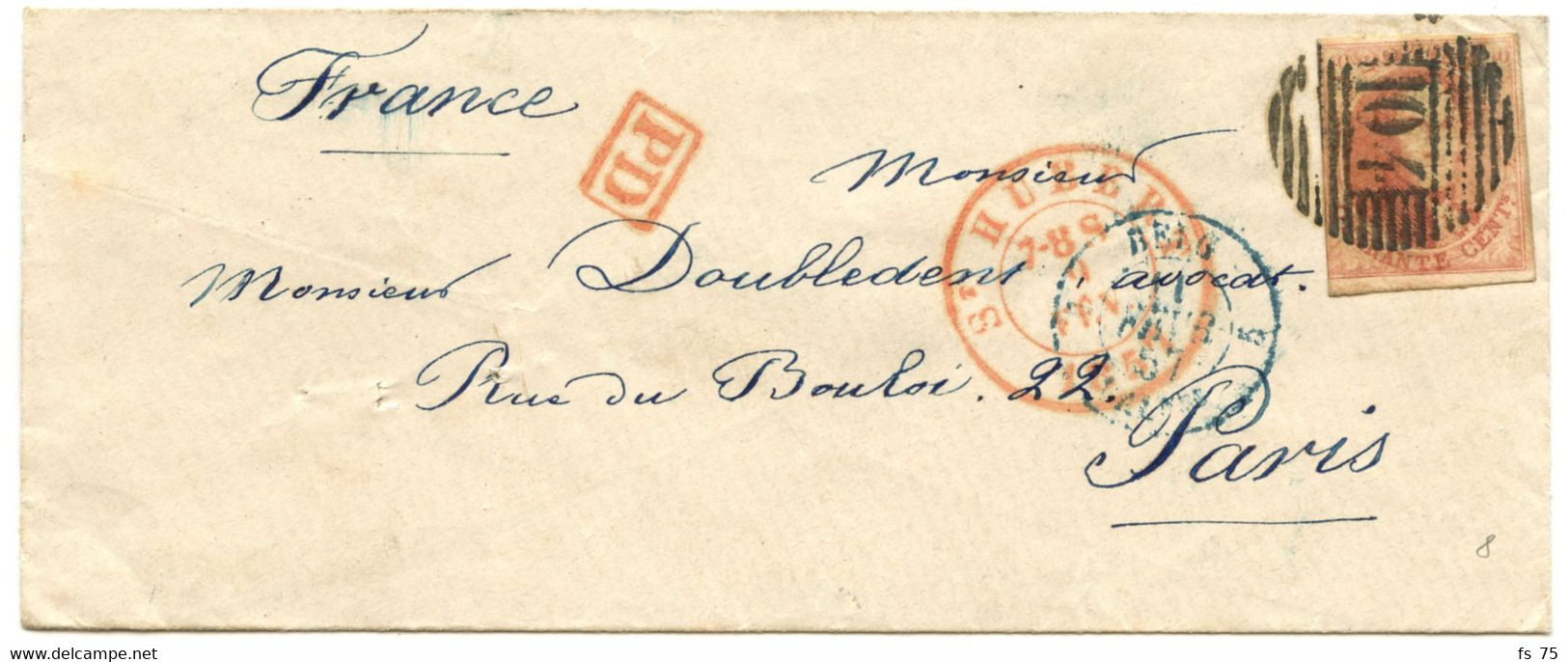 BELGIQUE -  MEDAILLON N°8 (LD) P104 ST HUBERT SUR LETTRE SANS CORRESPONDANCE POUR PARIS, 1857 - 1851-1857 Médaillons (6/8)