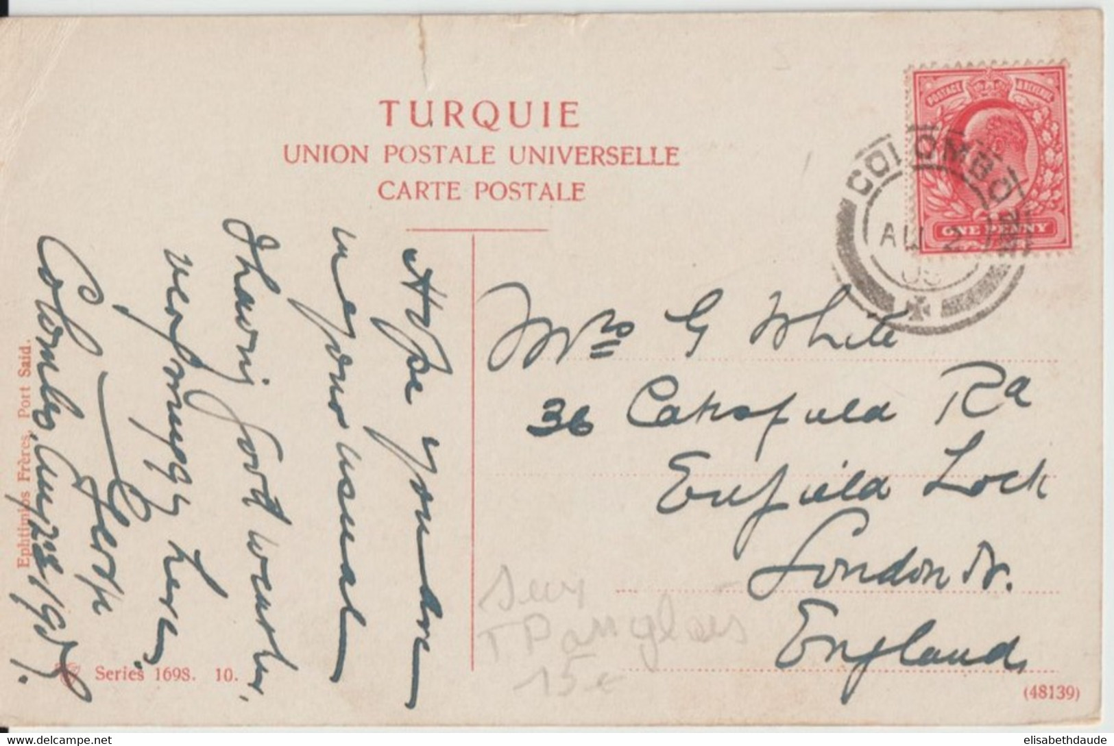 1909 - CEYLAN / GB / PALESTINE - CACHET COLOMBO Sur TIMBRE ANGLAIS !! Sur CARTE De BETHLEHEM => LONDON - Ceylon (...-1947)