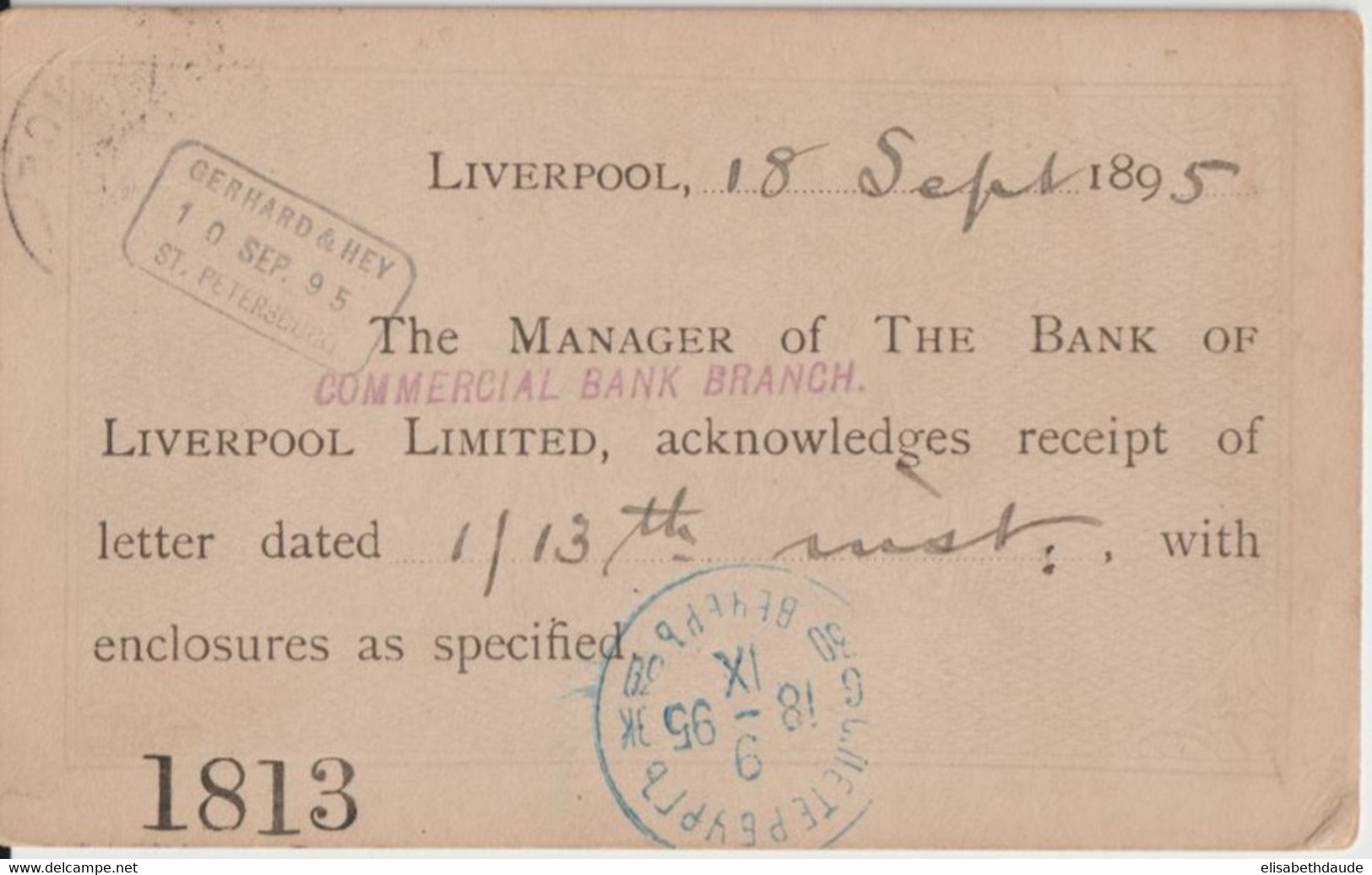 1895 - GB - CP ENTIER REPIQUAGE ! De LIVERPOOL EXCHANGE => ST PETERSBURG (RUSSIE) ! ARRIVEE CACHET BLEU SUP - Postwaardestukken