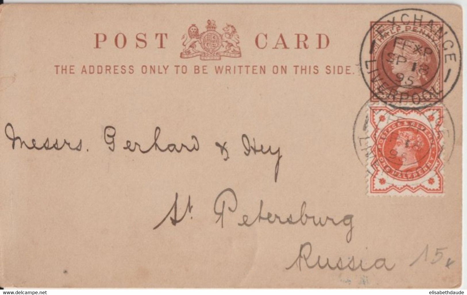 1895 - GB - CP ENTIER REPIQUAGE ! De LIVERPOOL EXCHANGE => ST PETERSBURG (RUSSIE) ! ARRIVEE CACHET BLEU SUP - Postwaardestukken