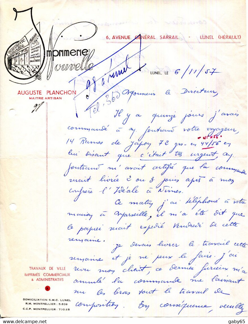 FACTURE.34.HERAULT.LUNEL.IMPRIMERIE NOUVELLE.AUGUSTE PLANCHON MAITRE ARTISAN 6 AVENUE GENERAL SARRAIL. - Imprimerie & Papeterie