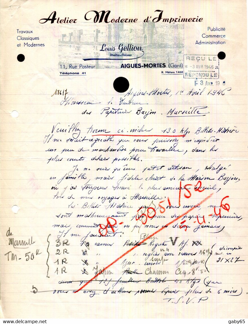 FACTURE.30.GARD.AIGUES MORTES.ATELIER MODERNE D'IMPRIMERIE.TRAVAUX CLASSIQUES & MODERNES.LOUIS GELLION 11 RUE PASTEUR. - Druck & Papierwaren