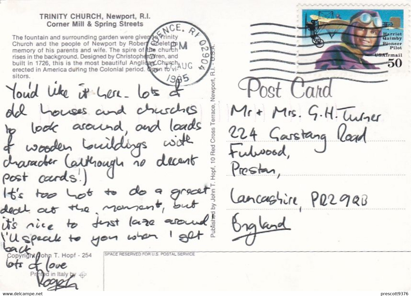 Trinity Church, Newport, Rhode Island USA - Postcard - Stamped 1995 - Newport