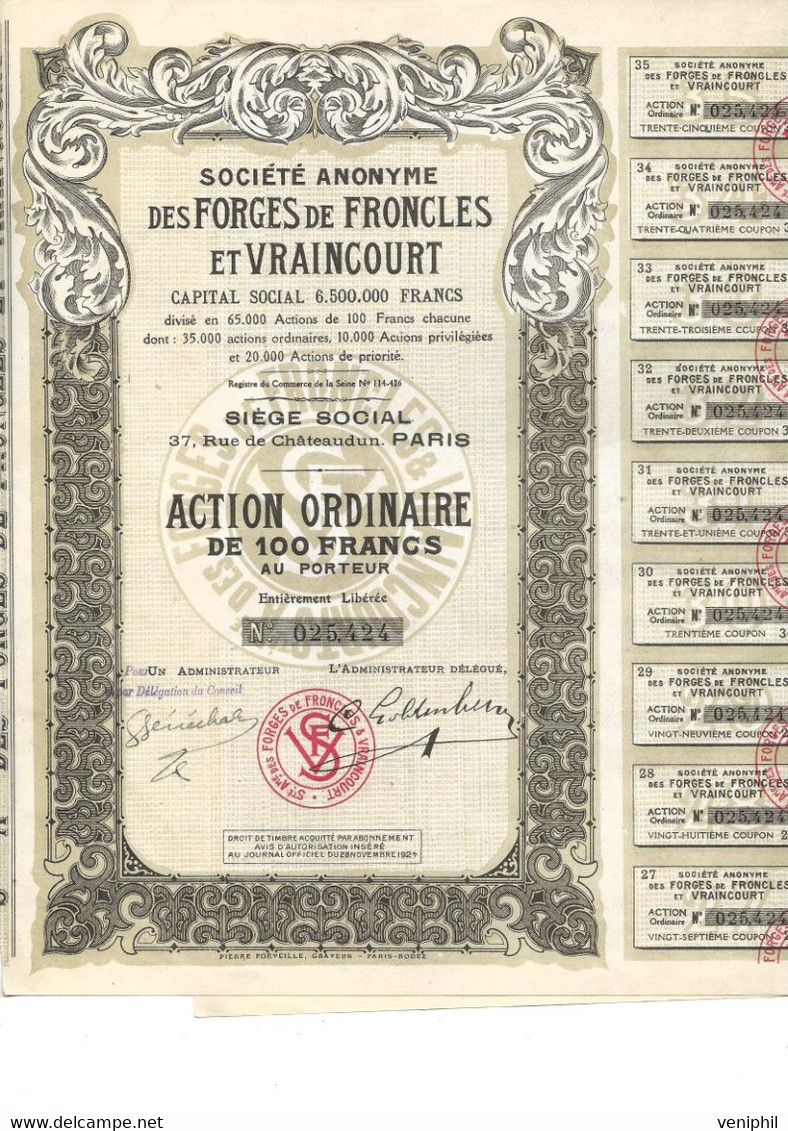 SOCIETE DES FORGES DE FRONCLES ET VRAINCOURT - ACTION DE 100 FRS - ANNEE 1924 - Industrial