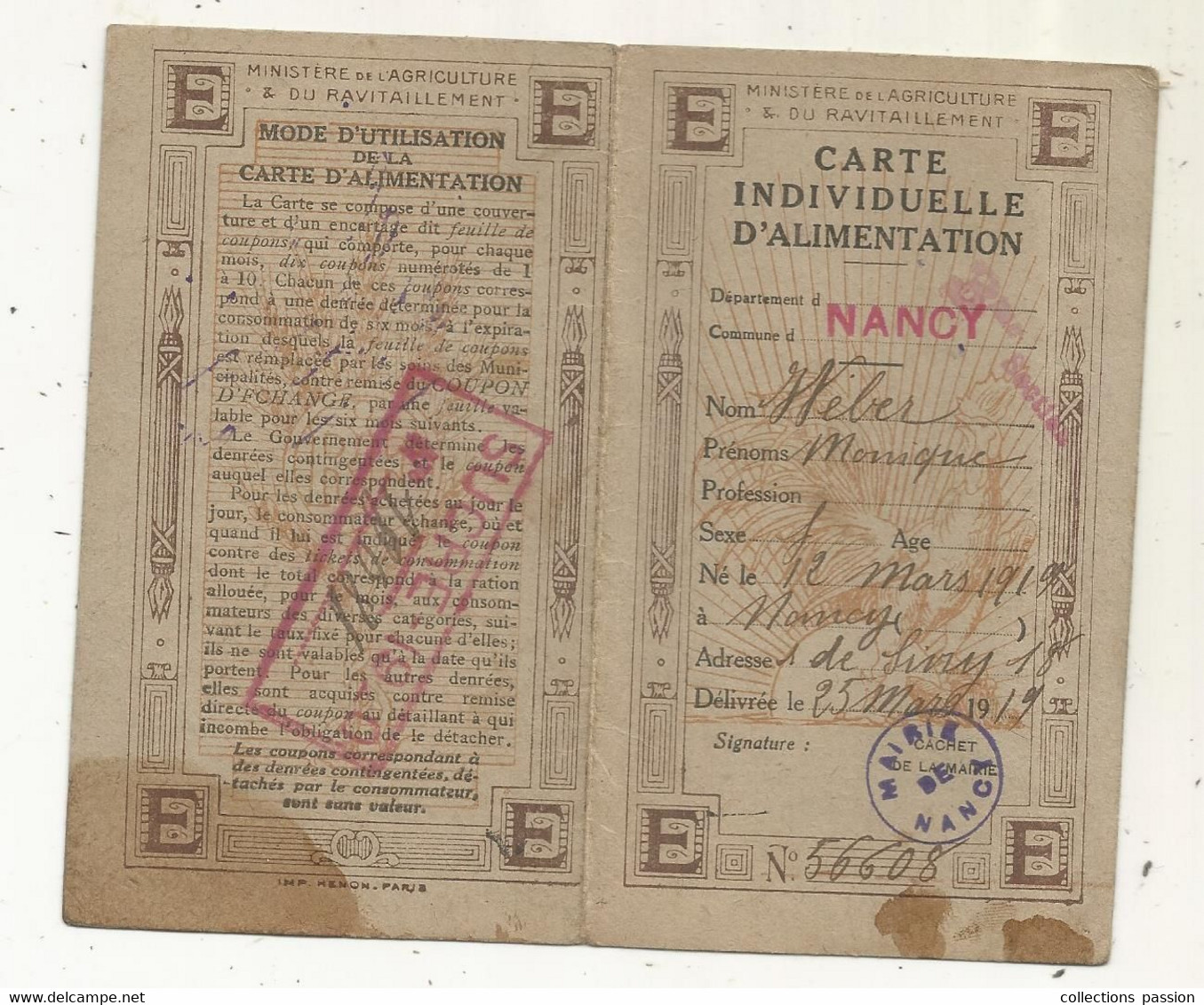 Carte Individuelle D'alimentation De NANCY, E,  1919,  Sucre ,  2 Scans - Ohne Zuordnung