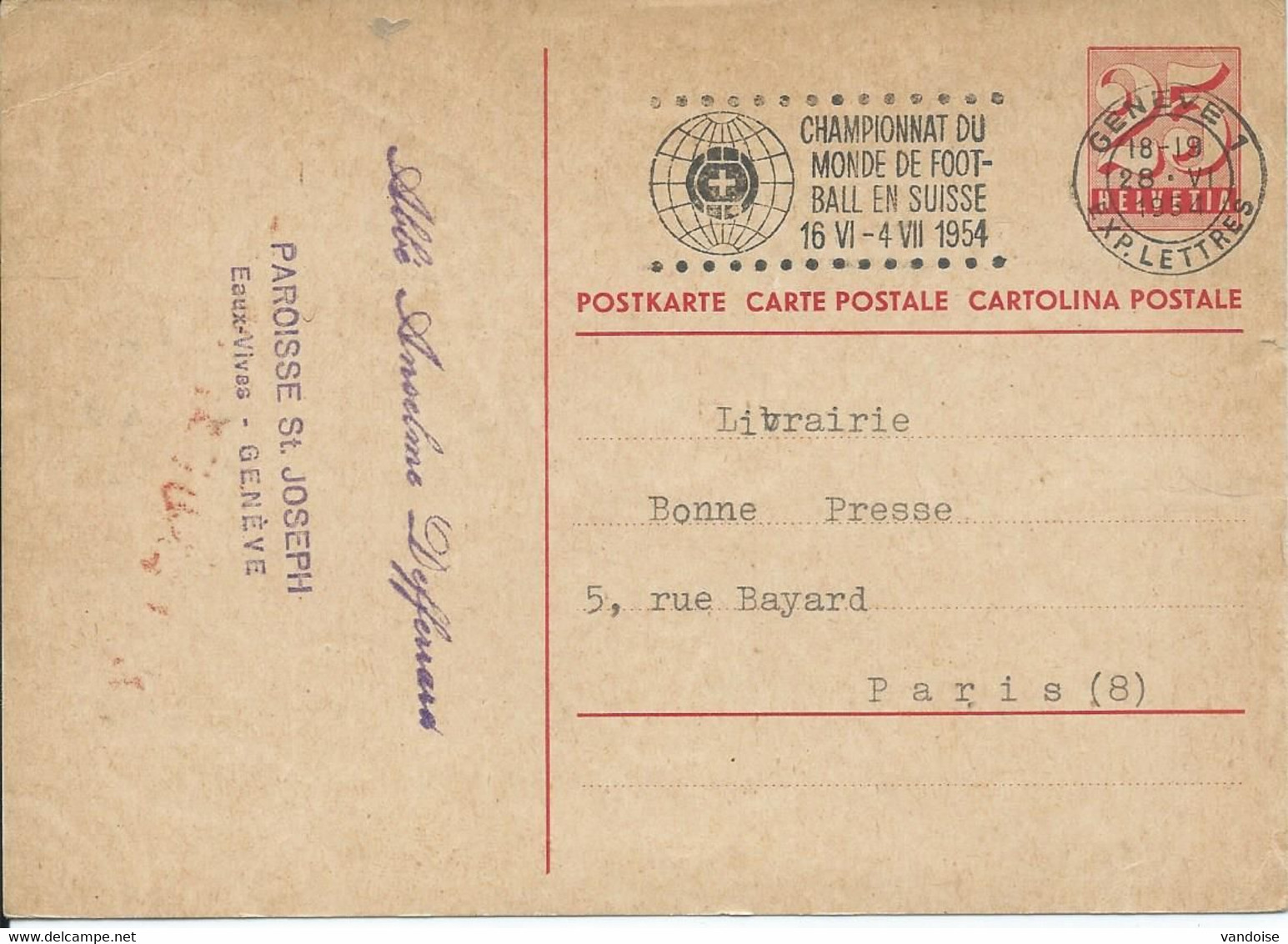 CARTE POSTALE AVEC CACHET CHAMPIONNAT DU MONDE DE FOOTBALL EN SUISSE 1954 - 1954 – Suisse