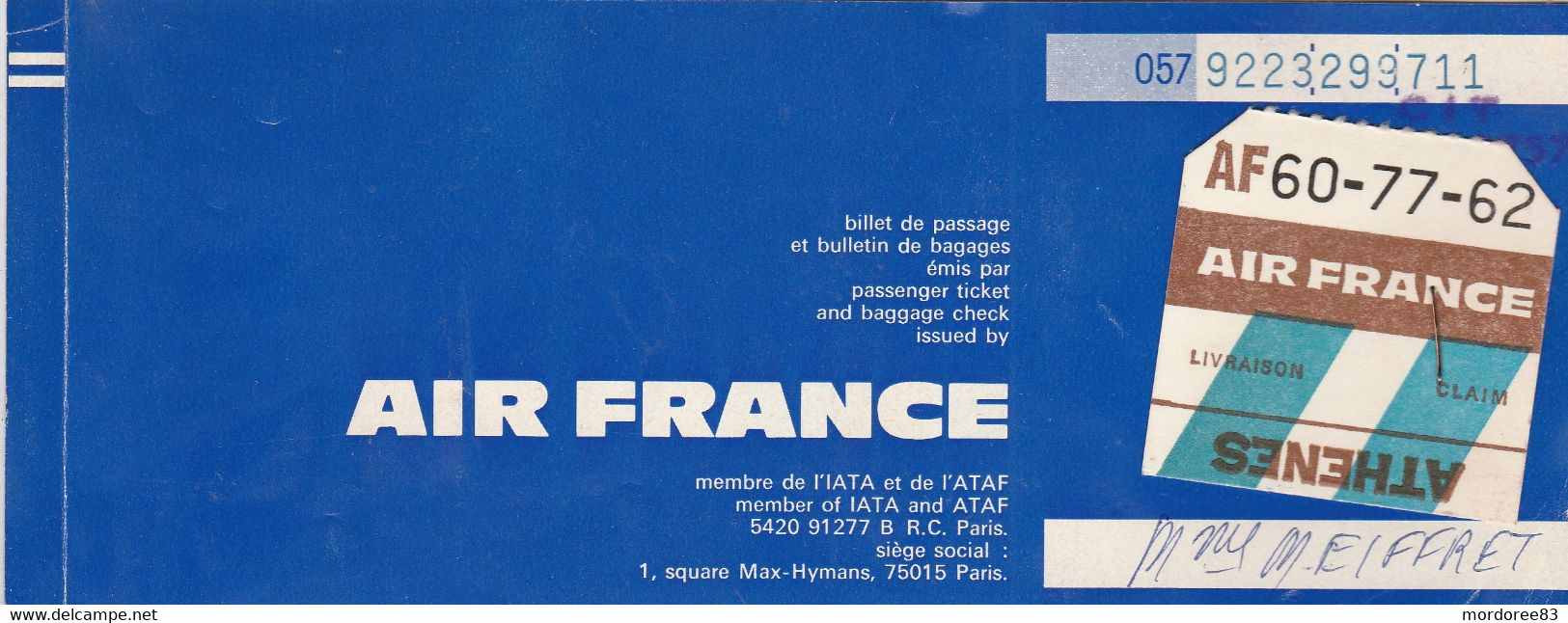 BILLET PASSAGE AIR FRANCE 1977 VOL NICE  ATHENES - Biglietti